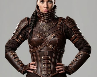 Handmade Leather Steampunk Armor Corset, Medieval Fantasy Pauldrons, Women's Warrior Cosplay Costume