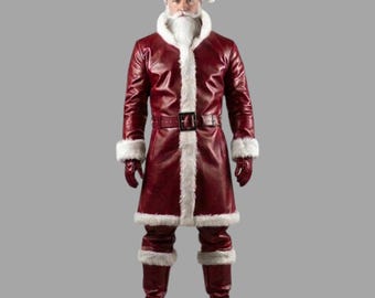 Echt leren kerstmanpak, luxe rood leren kerstkostuum, cosplay-outfit.