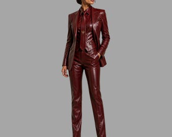 Retro Burgundy Leather Suit for Women, Mafia Style Fashion Outfit, Elegant Party Wear