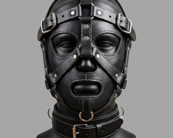 Schwarze Leder-Fetisch-Hauben-Maske | Verstellbare Gothic Cosplay Maske