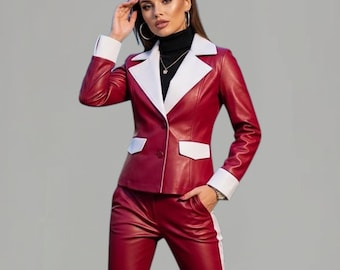 Roter Lederanzug für Damen – Handgefertigter Lederblazer & Hose – Luxuriöses zweiteiliges Outfit