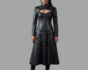 Gothic schwarzes Ledermantelkleid - Korsett Stil langes Outfit,