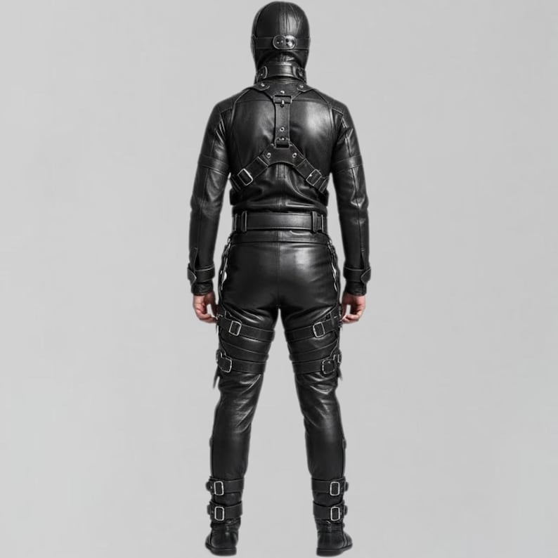 May include: A black leather outfit, including a jacket, pants, and hood. The jacket has a harness design, and the pants feature multiple straps with buckles. The outfit is designed with a sleek, form-fitting silhouette.