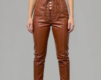 Braune Leder-Schnürhose | Hohe Taille Custom Fit | Fantasie-Stil