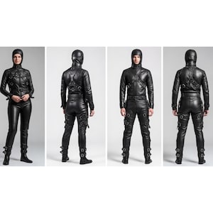 May include: Black leather outfit with a hood, jacket, pants, and boots. The jacket has straps and buckles. The pants have straps and buckles. The outfit is worn by a person in four different poses.