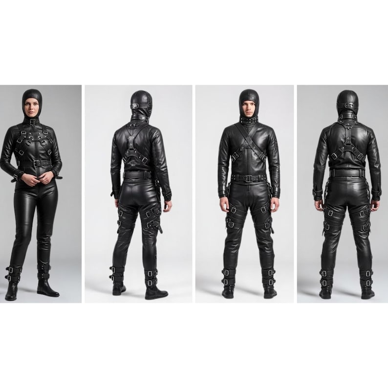 May include: Black leather outfit with a hood, jacket, pants, and boots. The jacket has straps and buckles. The pants have straps and buckles. The outfit is worn by a person in four different poses.