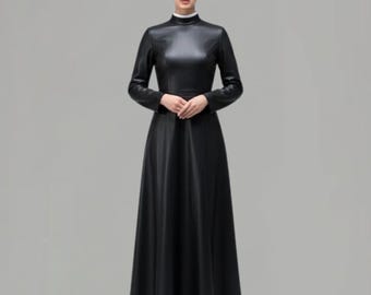 Echtes Leder High Neck Gothic Kleid Handmade Full Sleeve Lederkleid,