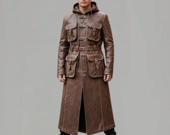 Brauner Leder Trenchcoat mit Kapuze | XS–5XL | Custom Fit | Gothic Steampunk-Stil