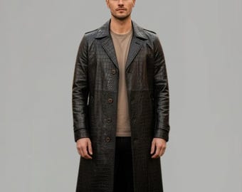 Schwarzer echter Krokodil Trenchcoat | Gothic Lange Jacke Custom Fit