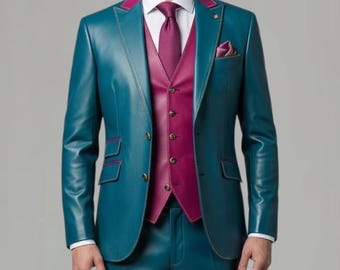 Teal Magenta Anzug Herren 3-teiliges formelles, mutiges Hochzeitsabschlussball-Outfit