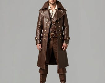 Authentic Pirate Costume for Men – Tricorn Hat, Leather Coat, Cosplay Outfit – Halloween, Renaissance,