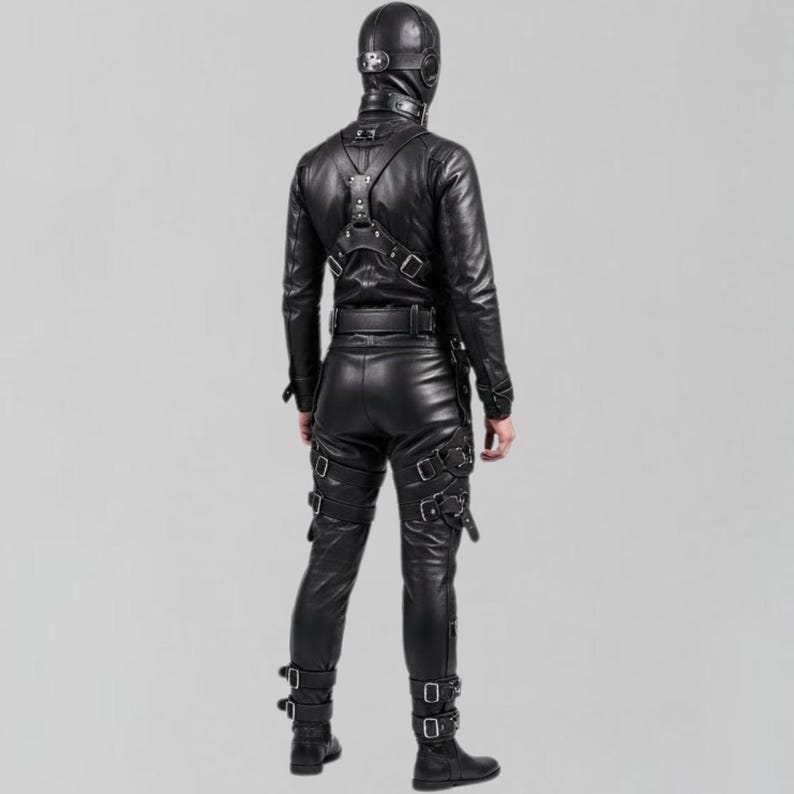 May include: A black leather outfit, including a jacket, pants, and a hood, is shown from the back. The jacket has a harness-like detail across the shoulders. The pants feature multiple straps with buckles. The outfit is worn with black boots.