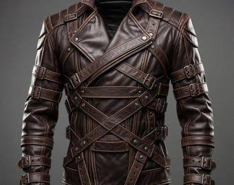 Handgefertigte dunkelbraune Lederjacke mit Riemen & Schnallen,