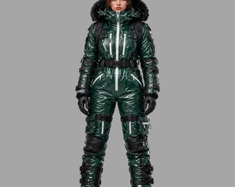 Winterski-jumpsuit voor dames | Waterdicht geïsoleerd sneeuwpak | Glanzend groene outdooroutfit,