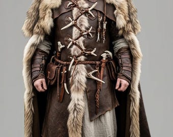 Mittelalterliches Wikinger Cosplay Outfit - Pelzumhang, Lederweste & Handgelenksschützer,