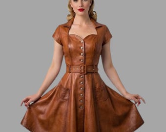 Braunes Lederhemdkleid, klassisches Midikleid mit Knopfleiste für Frauen,