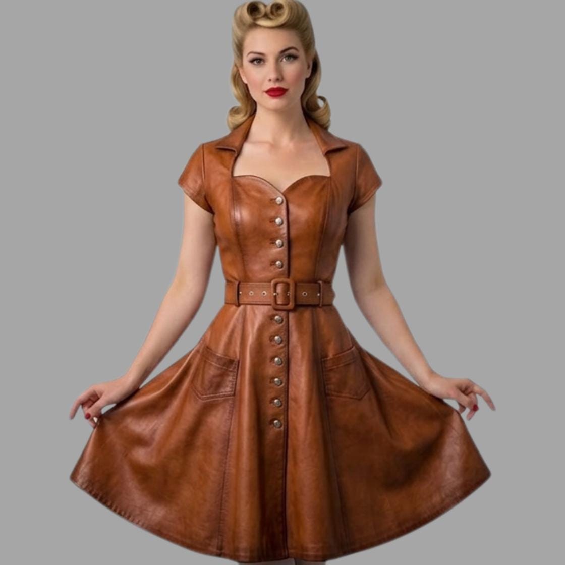 brown leather button up dress Faux Leather Short Sleeve Dress