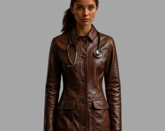 Women’s Brown Leather Nurse Dress Coat – Vintage Medical Costume Outfit,
