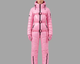 Dames winter skipak uit één stuk | Roze puffer skipak met capuchon | Outdoor sneeuwkleding,