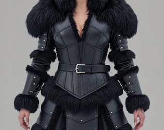 Black Leather Fur Warrior Costume – Medieval Fantasy Cosplay Armor – Gothic Viking Outfit,