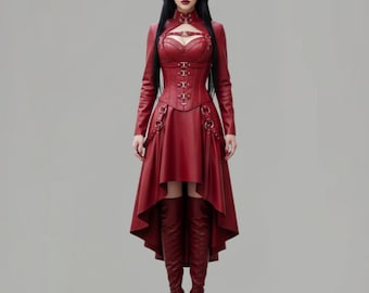 Red Gothic Leather Set Corset + Skirt + Boots,