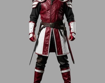 Red & White Fantasy Leather Armor Set | Medieval Warrior Costume | Halloween Cosplay Suit