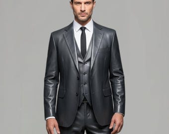 dunkelgraue Lederkombi | Herren Blazer, Weste & Hose Custom Fit
