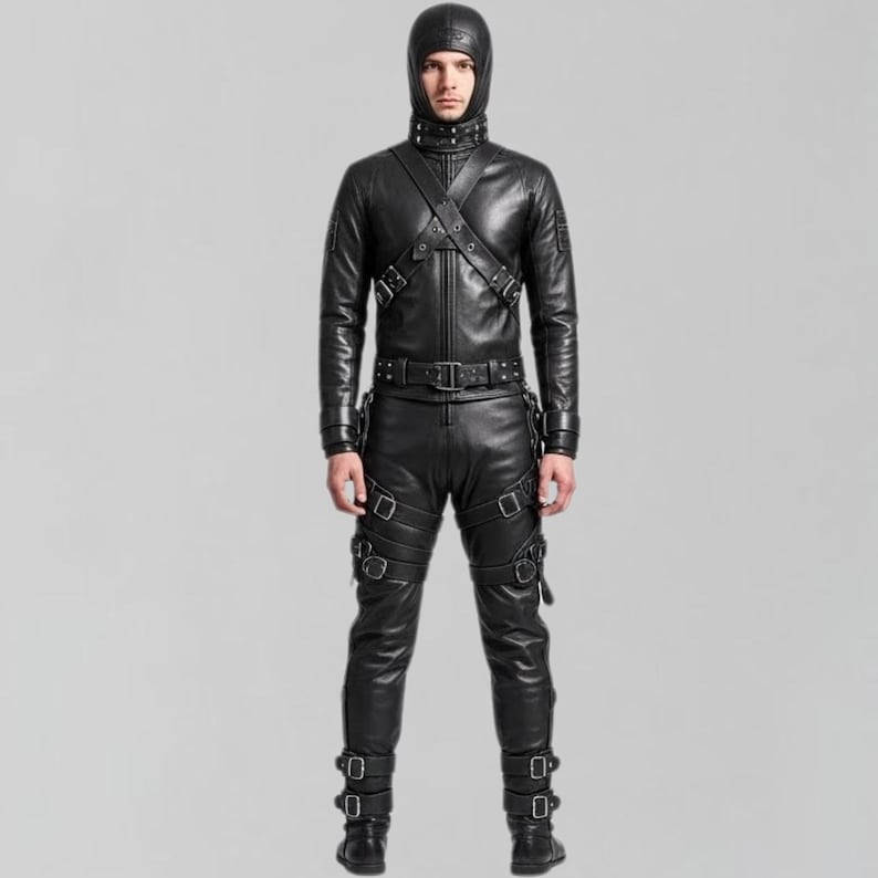 May include: A black leather outfit featuring a hooded jacket with a cross-body strap design, matching pants, and boots. The jacket has a high collar and the pants have multiple straps and buckles. The outfit is all black and appears to be made of leather.