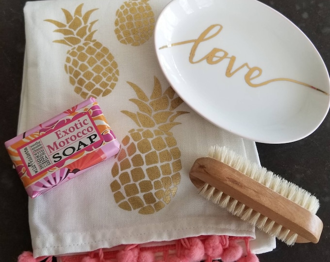 Gold Pineapple Tea Towel Birthday Gift, Love Trinket Tray, LOVE gift set, Nail Brush and Soap Pink and Gold Gift for Women / Hostess Gift
