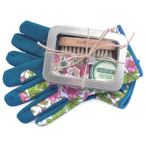 Gift for Gardener's, Hand Balm, Wood Nail Brush, Soap Gift Set / Garden Gloves