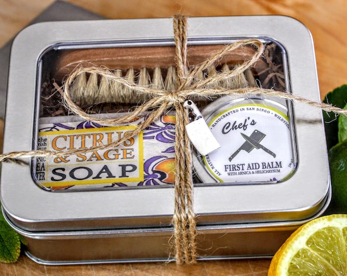 Foodies Gift for the Cook / Chef Gift Set / Chef's Soap, First Aid, Wood Nail Brush for Kitchen