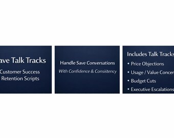 May include: Three dark blue rectangular graphics with white text. The first reads "Save Talk Tracks" and "Customer Success Retention Scripts." The second says "Handle Save Conversations With Confidence & Consistency." The third lists "Talk Tracks For:" and bullet points.