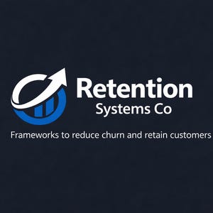 May include: A dark blue graphic with the words "Retention Systems Co" in white. The logo features a white arrow pointing upwards, and a blue circle with a bar graph design. The text below reads "Frameworks to reduce churn and retain customers."