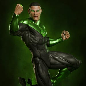 May include: A Green Lantern action figure in a dynamic pose. The figure is clad in a black and green suit with a glowing green emblem on the chest. The figure's eyes and a green energy effect are also glowing. The figure is posed on a green energy base.