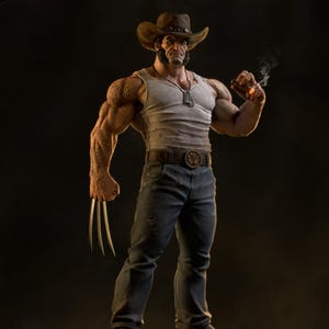 May include: A detailed statue of a muscular figure in a cowboy hat, white vest, and blue jeans, holding claws and a lit cigar. The figure stands on a wooden platform with a pool ball and other items. The statue has a rugged, weathered appearance.
