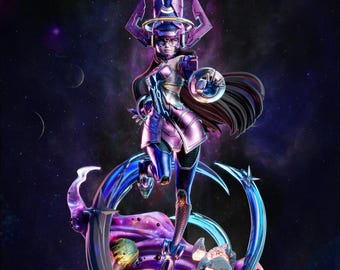 May include: A detailed figurine of a character in a futuristic purple and blue suit, with a helmet and a circular shield. The figure is posed on a swirling, colourful base with planetary elements, set against a starry background.
