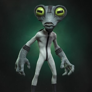 Puede incluir: Una figura alienígena gris con ojos grandes y ovalados y una boca pequeña. El alienígena lleva un mono blanco con cremallera y detalles en negro. Se encuentra sobre una plataforma verde y negra con un borde verde brillante.