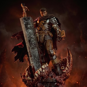 May include: A detailed collectible figurine of a warrior standing on a base of organic, toothy, flesh-like textures. The figure wears dark armor, a tattered cape, and holds a massive, weathered, rectangular metal sword upright in one hand.
