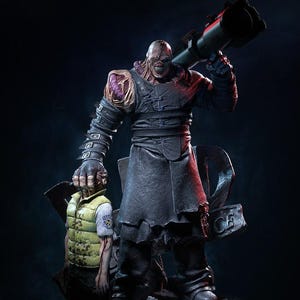 May include: A detailed statue of a monstrous figure holding a rocket launcher, with a smaller figure in a yellow vest. The larger figure is muscular with exposed flesh and a menacing expression. The statue is set on a stone base.