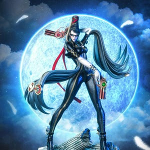 May include: A detailed figurine of a woman in a black bodysuit, holding two guns, with long black hair. The figure stands on a stone base in front of a large blue moon, with a night sky background.