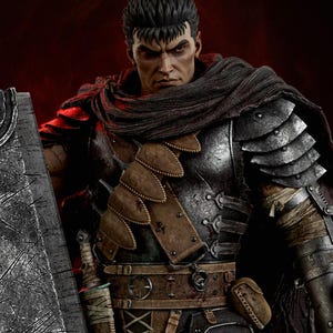 May include: A detailed collectible figure of a warrior with short black hair, wearing dark metal plate armor, a brown leather harness with pouches, and a tattered dark red cloak. The figure holds a large, weathered metal sword with visible scratches.