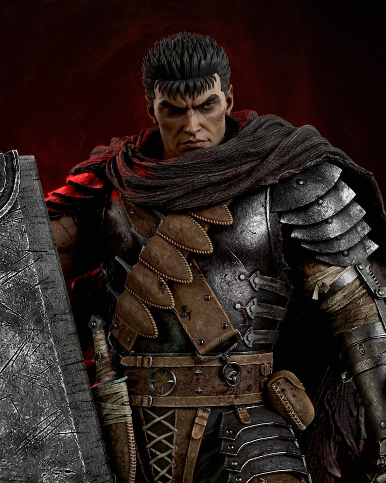 May include: A detailed collectible figure of a warrior with short black hair, wearing dark metal plate armor, a brown leather harness with pouches, and a tattered dark red cloak. The figure holds a large, weathered metal sword with visible scratches.