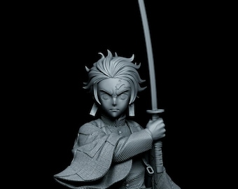 Busto de cazador de demonios STL / Estatua imprimible en 3D de guerrero asesino / Modelo digital de luchador con espada de anime