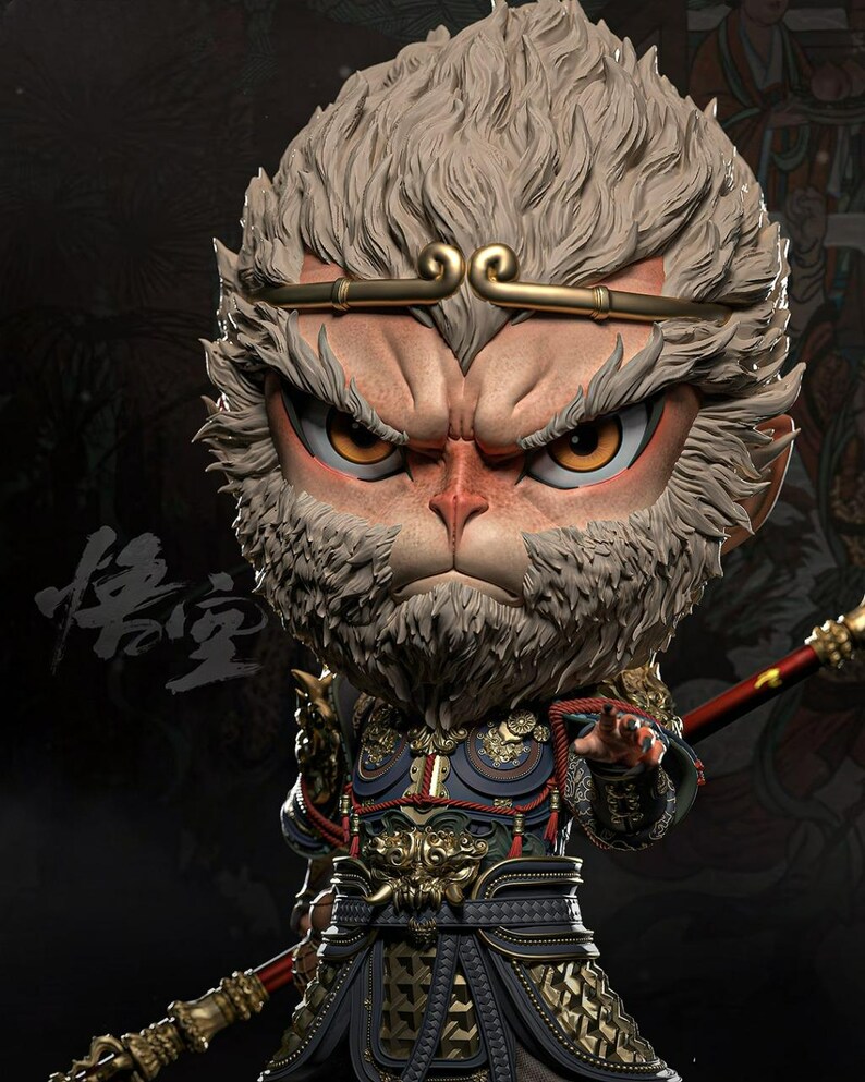May include: A detailed figurine of a monkey-like character with an intense expression. The figure has a light brown face, gray fur, and wears ornate armor with gold accents. The character is holding a staff with red and gold details. The background is dark.