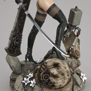 May include: A detailed collectible figurine featuring a character with long black high-heeled boots, a white bodysuit, and a large sword with a lion emblem. The figure stands on a rocky base with small white flowers and a mechanical robot component.