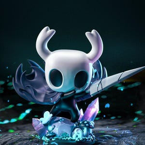 May include: A detailed figurine of a character with a white head, large black eyes, and curved horns, holding a large sword. The figure stands on a base with purple crystals and mushrooms, with a dark blue cape. The overall theme is fantasy.
