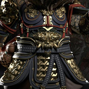 May include: Close-up of ornate armor in navy blue and gold. The armor features intricate detailing, including gold embellishments, decorative patterns, and red rope accents. The design suggests a historical or fantasy theme.