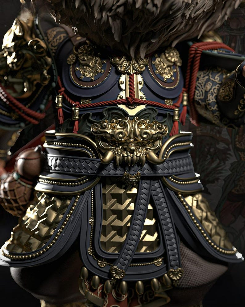 May include: Close-up of ornate armor in navy blue and gold. The armor features intricate detailing, including gold embellishments, decorative patterns, and red rope accents. The design suggests a historical or fantasy theme.