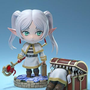 Puede incluir: Un conjunto de figuras de fantasía. Presenta un elfo de pelo blanco con ojos verdes, vestido con un atuendo blanco y dorado, sosteniendo un bastón y un maletín. Un cofre del tesoro con dientes está abierto, con una figura dentro.