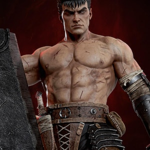 May include: A highly detailed collectible figure of a muscular warrior with short dark hair and numerous scars on the chest and torso. The figure wears a brown leather belt with a lace-up front, a dark sheath, and a metallic arm guard on the left arm.